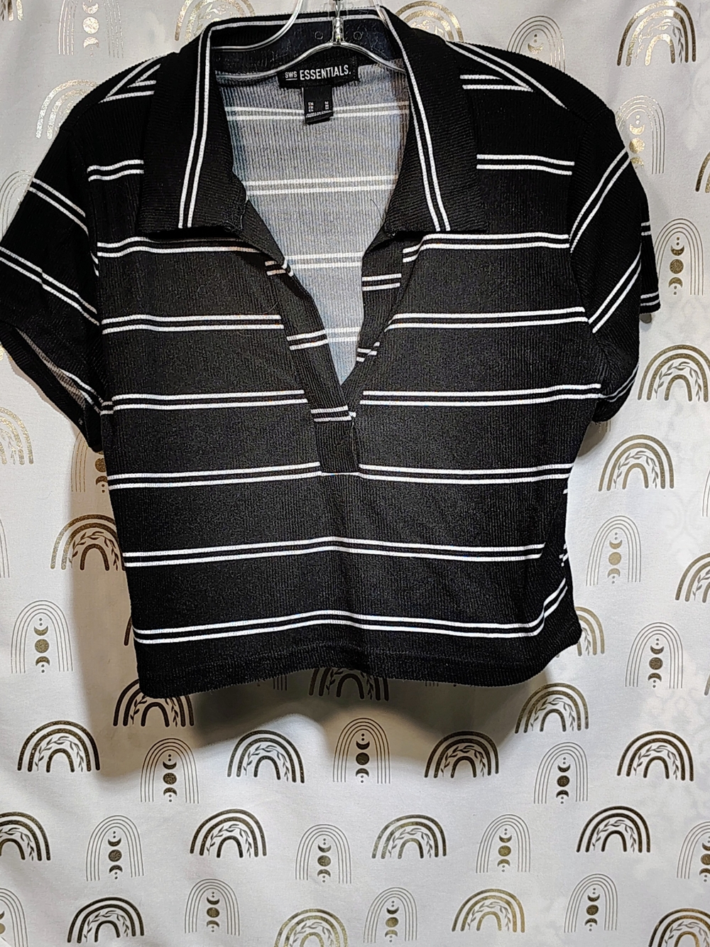 Essentials Black & White Striped Cropped Polo Top